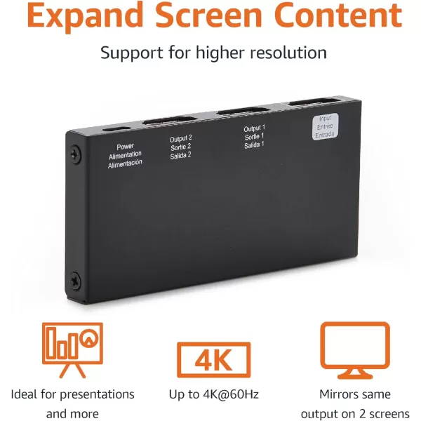 Amazon Basics HDMI Splitter 1 in 2 Out 4K30Hz for Dual Monitors Mirror Only BlackBlack  4K60Hz