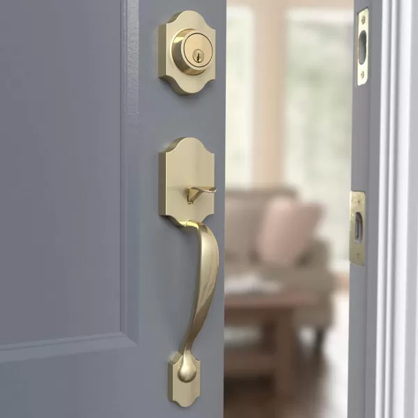 Amazon Basics Handleset with Tulip Knob  Single Cylinder  Matte BlackPolished Brass Simple Pack of 6