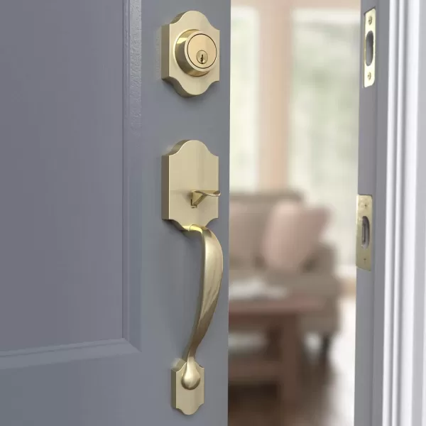 Amazon Basics Handleset with Tulip Knob  Single Cylinder  Matte BlackPolished Brass With Shelby Lever