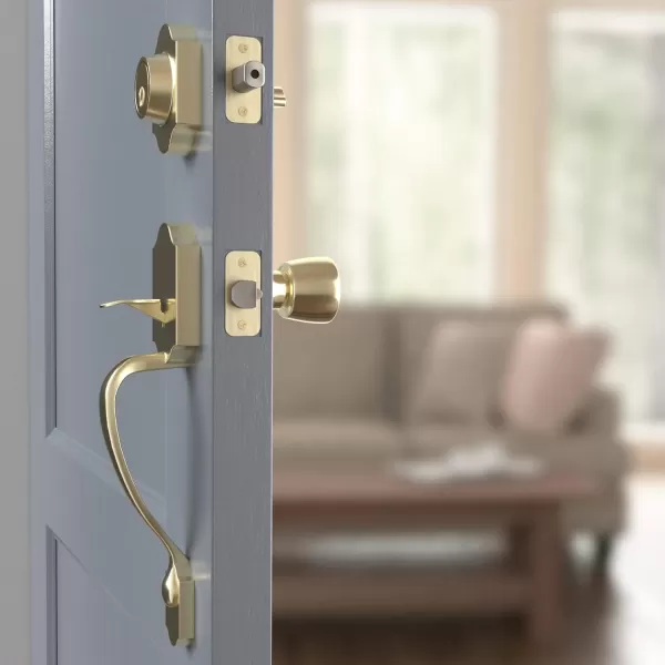 Amazon Basics Handleset with Tulip Knob  Single Cylinder  Matte BlackPolished Brass With Tulip Knob