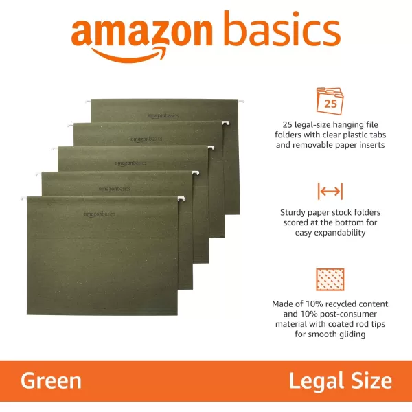 Amazon Basics Hanging Organizer File Folder Legal Size Green  Pack of 25Green Legal