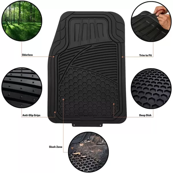 Amazon Basics Heavy Duty PVC Faux Rubber Car Floor Mats Universal DeluxeAll Weather Trim To Fit for 95 Automotive SUV Sedans Trucks4Piece Solid BlackBlack