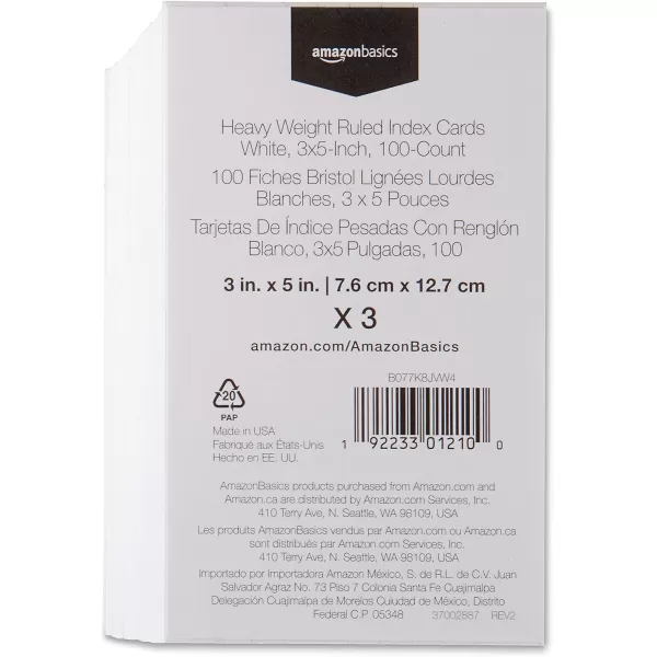 Amazon Basics Heavy Weight Ruled Lined Index Cards 300 Count 100 Pack of 3 White 3 x 5 Inch Card300Count Index Cards