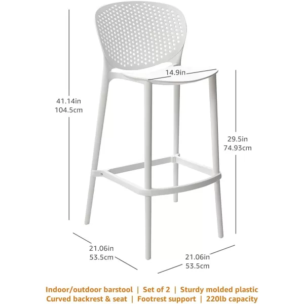 Amazon Basics High Back Indoor Molded Plastic Barstool with Footrest Set of 2  WhiteWhite Barstool