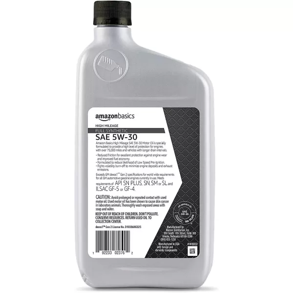 Amazon Basics High Mileage Motor Oil Full Synthetic SN Plus dexos1Gen2 5W30 Quart Size Pack of 6Amazon Basics High Mileage Motor Oil Full Synthetic SN Plus dexos1Gen2 5W30 Quart Size Pack of 6