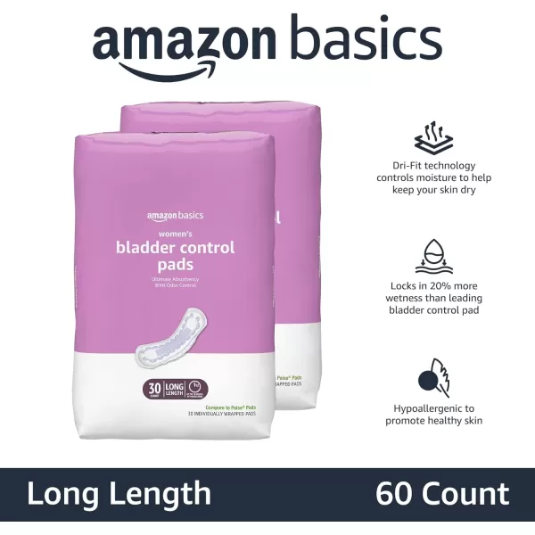Amazon Basics Incontinence Bladder Control Pads for Women Moderate Absorbency Long Length 108 Count 2 Packs of 54 White Previously Solimo30 Count Pack of 2