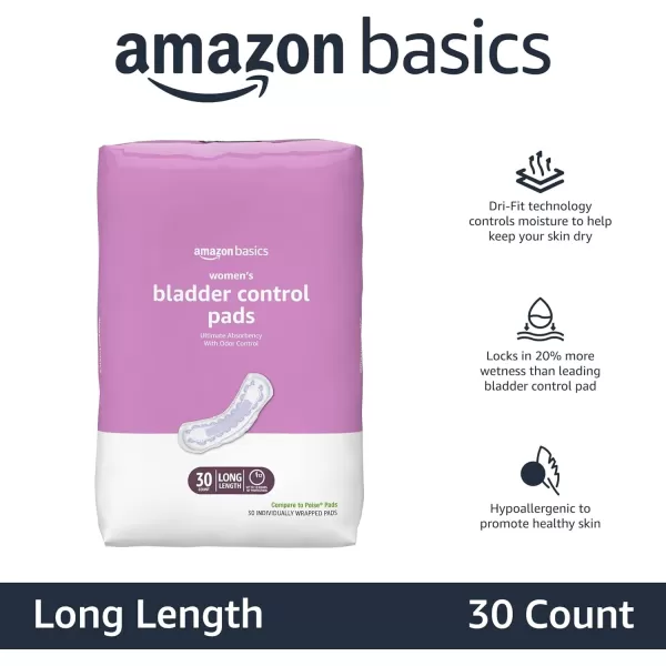 Amazon Basics Incontinence Bladder Control Pads for Women Moderate Absorbency Long Length 108 Count 2 Packs of 54 White Previously Solimo30 Count Pack of 1