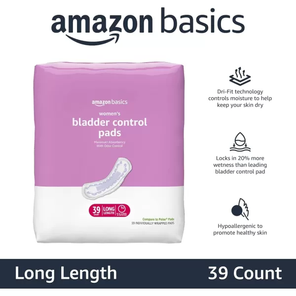 Amazon Basics Incontinence Bladder Control Pads for Women Moderate Absorbency Long Length 108 Count 2 Packs of 54 White Previously Solimo39 Count Pack of 1