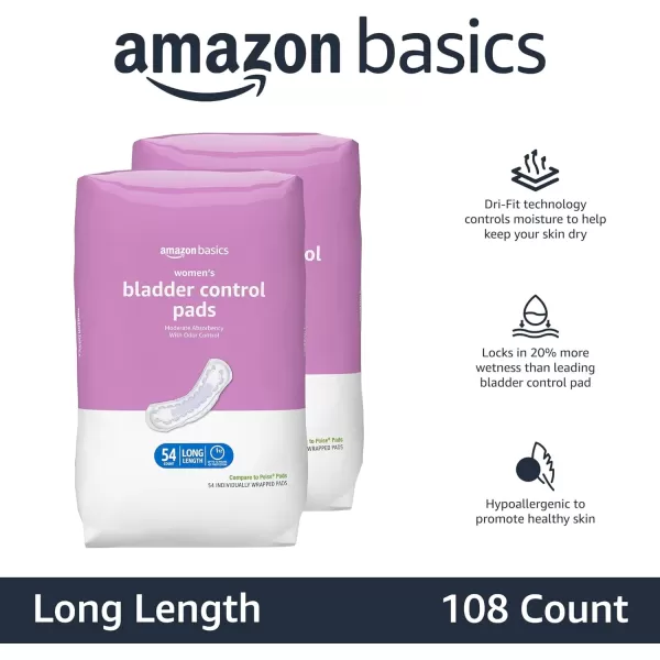 Amazon Basics Incontinence Bladder Control Pads for Women Moderate Absorbency Long Length 108 Count 2 Packs of 54 White Previously Solimo54 Count Pack of 2
