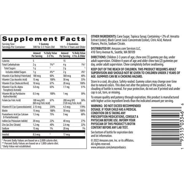 Amazon Basics Kids Multivitamin Gummies Cherry Strawberry amp Orange 380 Count 2 Packs of 190 2 per Serving Previously Solimo380 Count Pack of 1