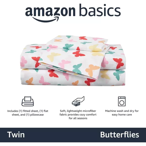 Amazon Basics Kids Soft EasyWash Lightweight Microfiber 3Piece Sheet Set Twin Light Pink SolidButterflies Twin Sheet Set