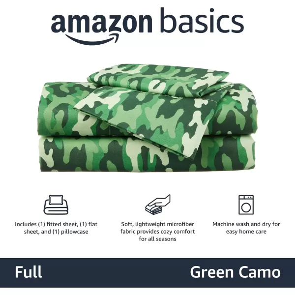 Amazon Basics Kids Soft EasyWash Lightweight Microfiber 3Piece Sheet Set Twin Light Pink SolidGreen Camo Full Sheet Set