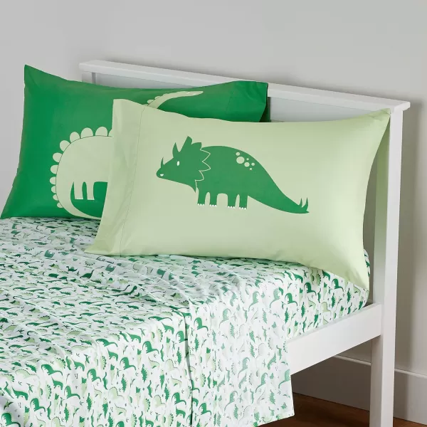 Amazon Basics Kids Soft EasyWash Lightweight Microfiber 3Piece Sheet Set Twin Light Pink SolidGreen Dinosaurs Standard Pillowcases