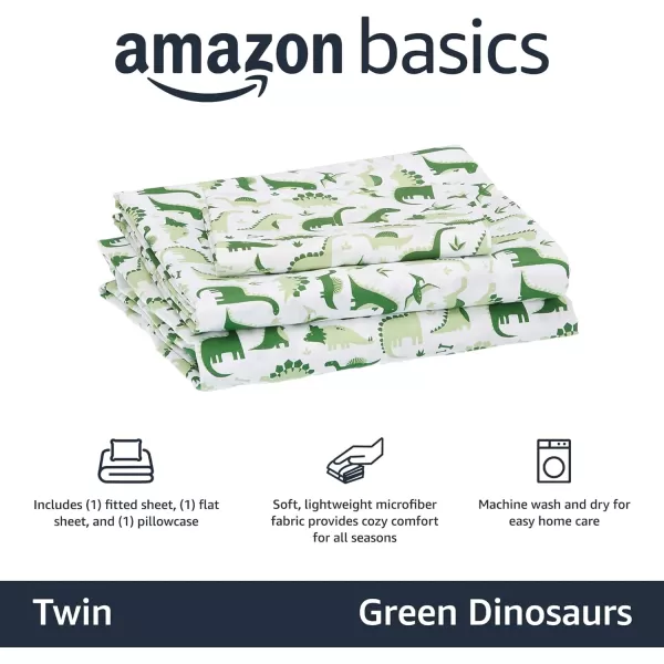 Amazon Basics Kids Soft EasyWash Lightweight Microfiber 3Piece Sheet Set Twin Light Pink SolidGreen Dinosaurs Twin Sheet Set