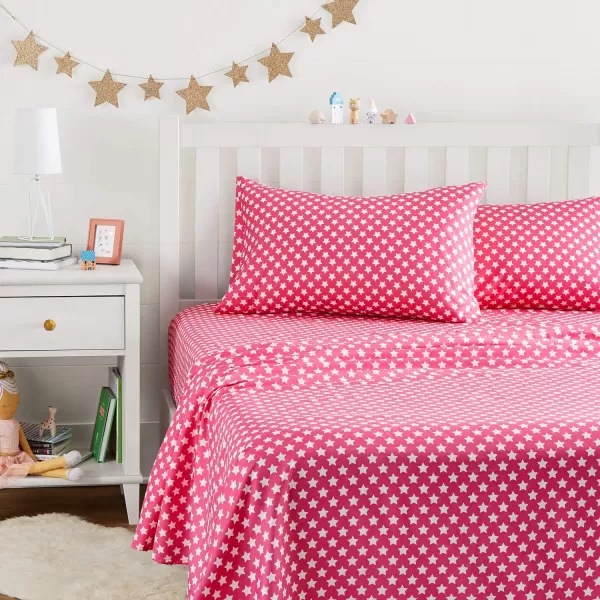 Amazon Basics Kids Soft EasyWash Lightweight Microfiber 3Piece Sheet Set Twin Light Pink SolidPink Stars Full Sheet Set