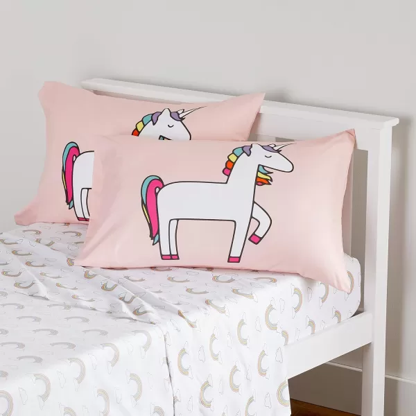 Amazon Basics Kids Soft EasyWash Lightweight Microfiber 3Piece Sheet Set Twin Light Pink SolidPink Unicorns Standard Pillowcases