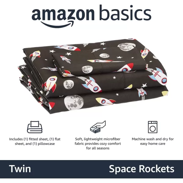 Amazon Basics Kids Soft EasyWash Lightweight Microfiber 3Piece Sheet Set Twin Light Pink SolidSpace Grey Rockets Twin Pack of 3 Sheet Set