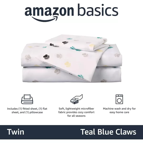 Amazon Basics Kids Soft EasyWash Lightweight Microfiber 3Piece Sheet Set Twin Light Pink SolidTeal Blue Claws Twin Sheet Set