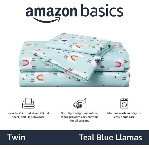 Amazon Basics Kids Soft EasyWash Lightweight Microfiber 3Piece Sheet Set Twin Light Pink SolidTeal Blue Llamas Twin Sheet Set