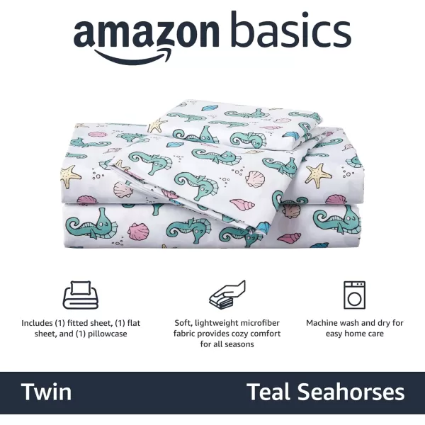 Amazon Basics Kids Soft EasyWash Lightweight Microfiber 3Piece Sheet Set Twin Light Pink SolidTeal Seahorses Twin Sheet Set