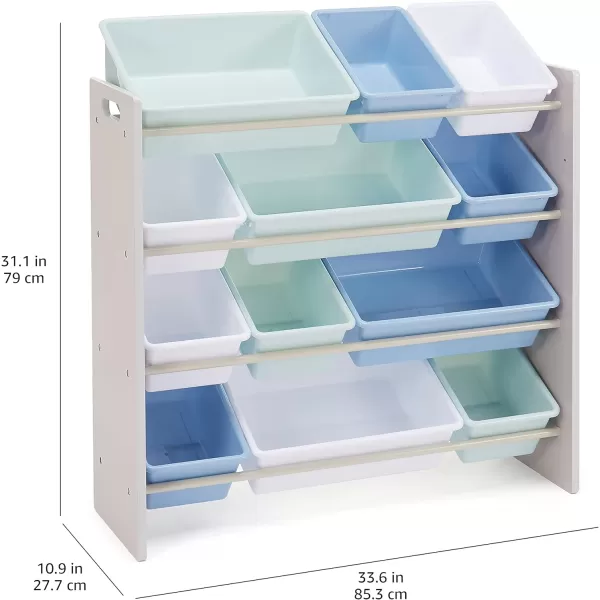 Amazon Basics Kids Toy Storage Organizer with 12 Plastic Bins Grey Wood with Blue Bins 109D x 336W x 311HGrey Wood With Blue Bins