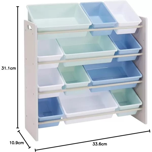 Amazon Basics Kids Toy Storage Organizer with 12 Plastic Bins Grey Wood with Blue Bins 109D x 336W x 311HGrey Wood With Blue Bins