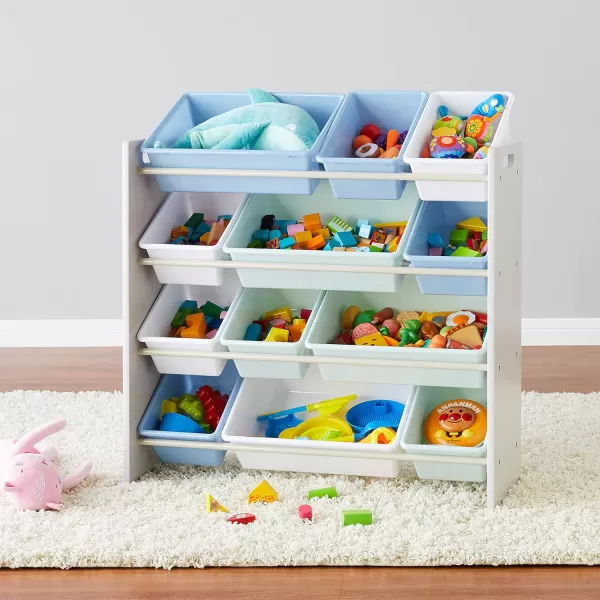 Amazon Basics Kids Toy Storage Organizer with 12 Plastic Bins Grey Wood with Blue Bins 109D x 336W x 311HGrey Wood With Blue Bins