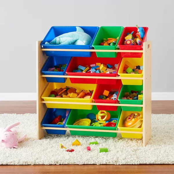 Amazon Basics Kids Toy Storage Organizer with 12 Plastic Bins Grey Wood with Blue Bins 109D x 336W x 311HNatural Wood With Bright Bins