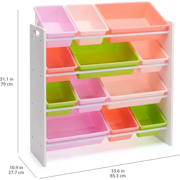 Amazon Basics Kids Toy Storage Organizer with 12 Plastic Bins Grey Wood with Blue Bins 109D x 336W x 311HWhite Wood With Pink Bins