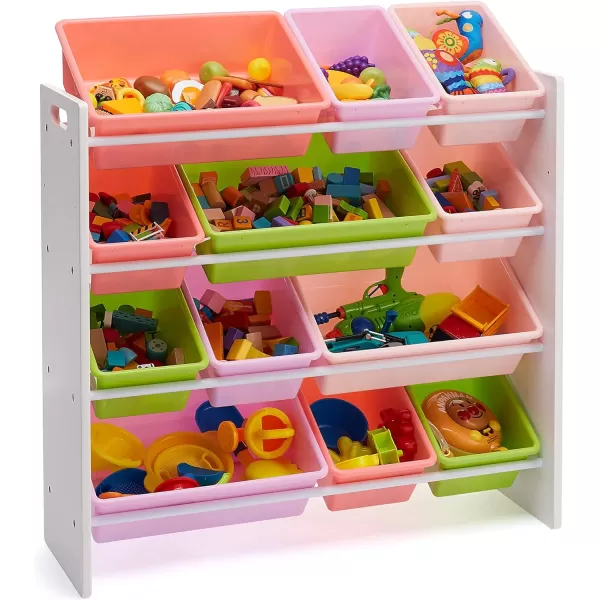 Amazon Basics Kids Toy Storage Organizer with 12 Plastic Bins Grey Wood with Blue Bins 109D x 336W x 311HWhite Wood With Pink Bins