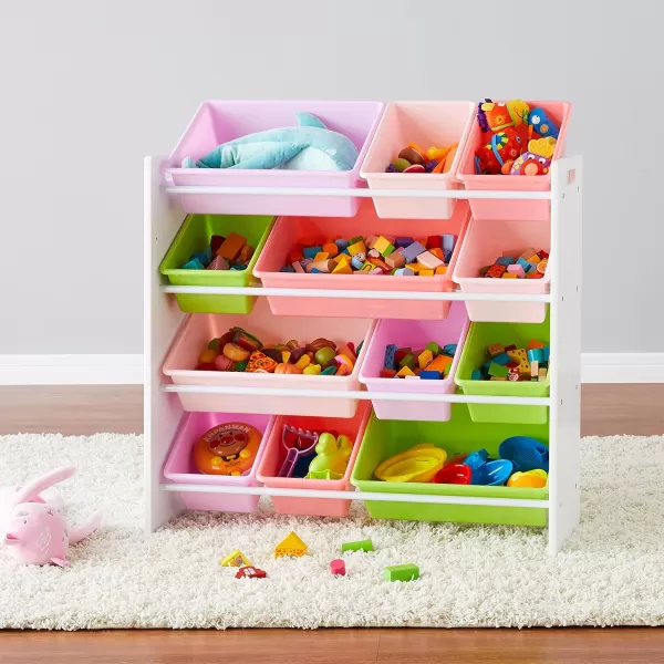 Amazon Basics Kids Toy Storage Organizer with 12 Plastic Bins Grey Wood with Blue Bins 109D x 336W x 311HWhite Wood With Pink Bins