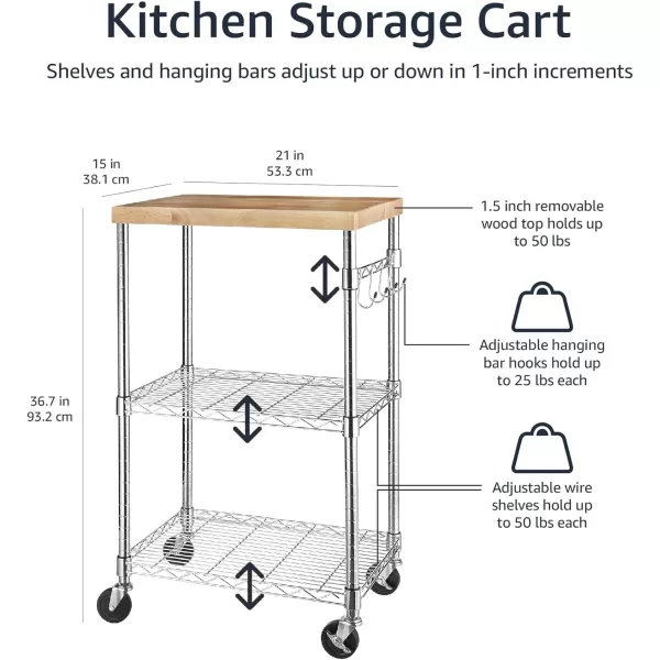 Amazon Basics Kitchen Storage Microwave Rack Cart on Caster Wheels with Adjustable Shelves 175 Pound Capacity 15 x 21 x 367 inches WoodChromeCart