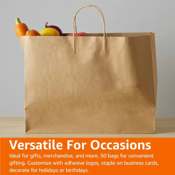 Amazon Basics Kraft Paper Gift Bags with Handles for Birthday 16x6x12 Brown 50 Pack50 Count Pack of 1 16 x 6 x 12 Brown