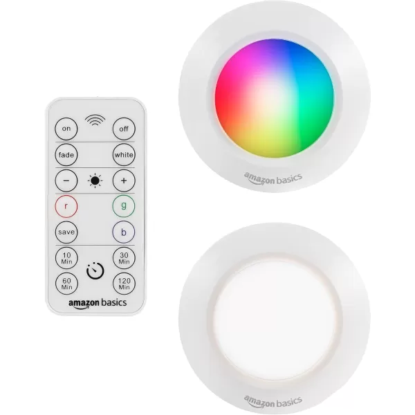 Amazon Basics LED Puck Lights Color Changing Battery Operated IR Remote 40 Lumens 2 Pack Wireless Lights Stick on Lights Under Cabinet Lighting Ideal for Closets and More WhiteAmazon Basics LED Puck Lights Color Changing Battery Operated IR Remote 40 Lumens 2 Pack Wireless Lights Stick on Lights Under Cabinet Lighting Ideal for Closets and More White