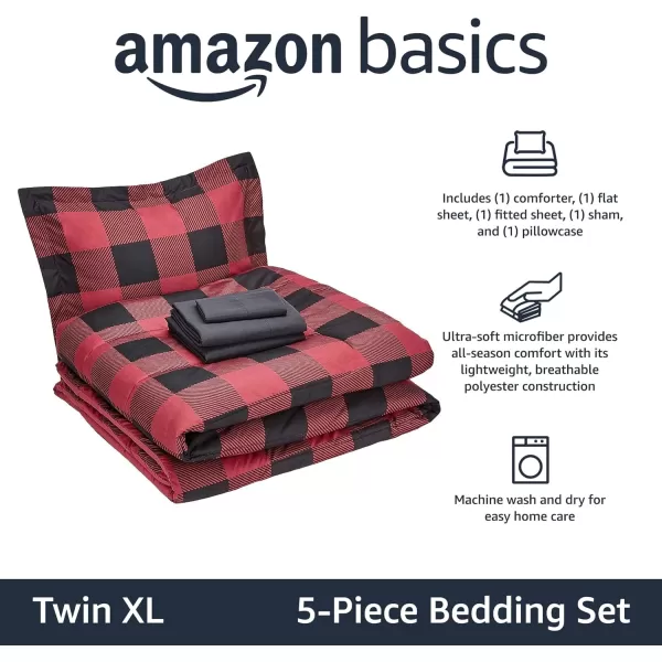 Amazon Basics Lightweight Microfiber BedinaBag Comforter 5Piece Bedding Set Twin XL Red Buffalo Plaid Gingham1Pack Twin XL Red Buffalo Plaid