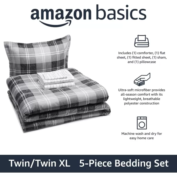 Amazon Basics Lightweight Microfiber BedinaBag Comforter 5Piece Bedding Set Twin XL Red Buffalo Plaid Gingham1Pack TwinTwin XL Distressed Gray Plaid