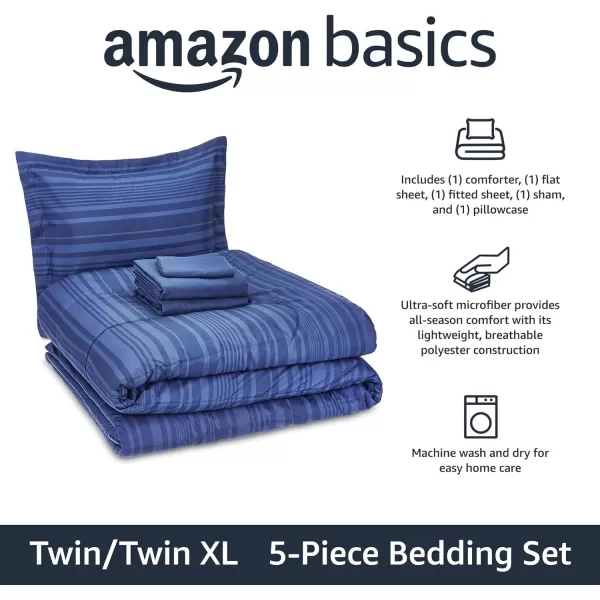 Amazon Basics Lightweight Microfiber BedinaBag Comforter 5Piece Bedding Set TwinTwin XL Navy with Simple PlaidBlue Calvin Striped TwinTwin XL