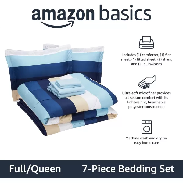 Amazon Basics Lightweight Microfiber BedinaBag Comforter 5Piece Bedding Set TwinTwin XL Navy with Simple PlaidBlue Stripe FullQueen