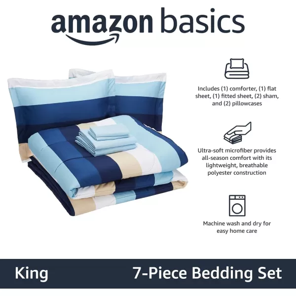 Amazon Basics Lightweight Microfiber BedinaBag Comforter 5Piece Bedding Set TwinTwin XL Navy with Simple PlaidBlue Stripe King