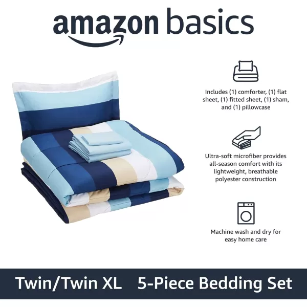 Amazon Basics Lightweight Microfiber BedinaBag Comforter 5Piece Bedding Set TwinTwin XL Navy with Simple PlaidBlue Stripe TwinTwin XL