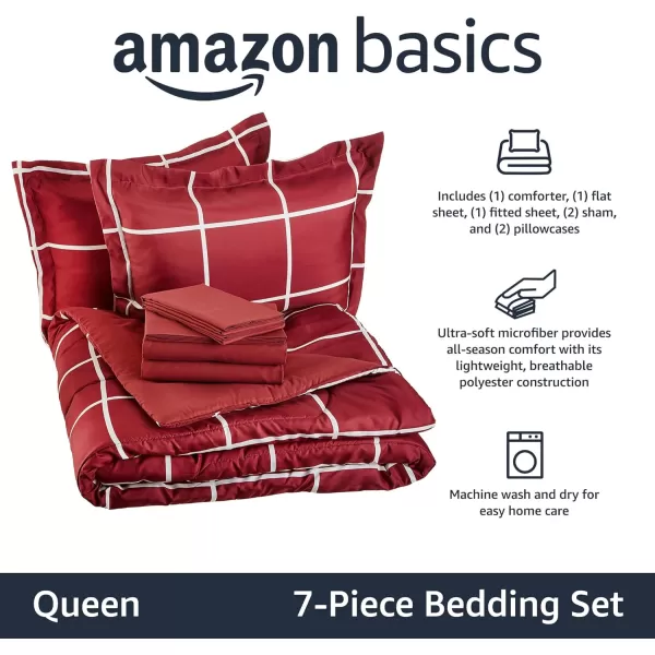 Amazon Basics Lightweight Microfiber BedinaBag Comforter 5Piece Bedding Set TwinTwin XL Navy with Simple PlaidBurgundy Simple Plaid Queen