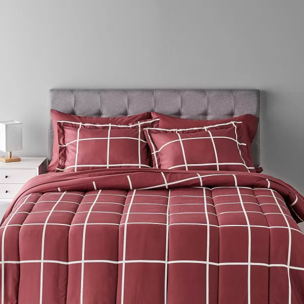Amazon Basics Lightweight Microfiber BedinaBag Comforter 5Piece Bedding Set TwinTwin XL Navy with Simple PlaidBurgundy Simple Plaid Queen