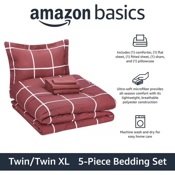 Amazon Basics Lightweight Microfiber BedinaBag Comforter 5Piece Bedding Set TwinTwin XL Navy with Simple PlaidBurgundy Simple Plaid TwinTwin XL