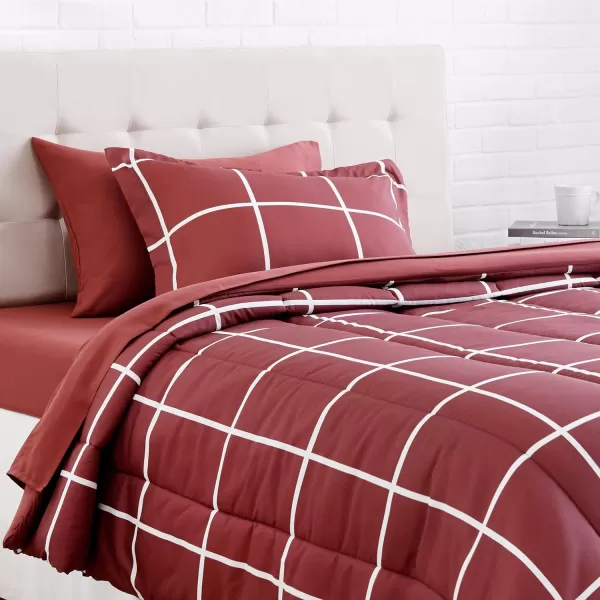 Amazon Basics Lightweight Microfiber BedinaBag Comforter 5Piece Bedding Set TwinTwin XL Navy with Simple PlaidBurgundy Simple Plaid TwinTwin XL