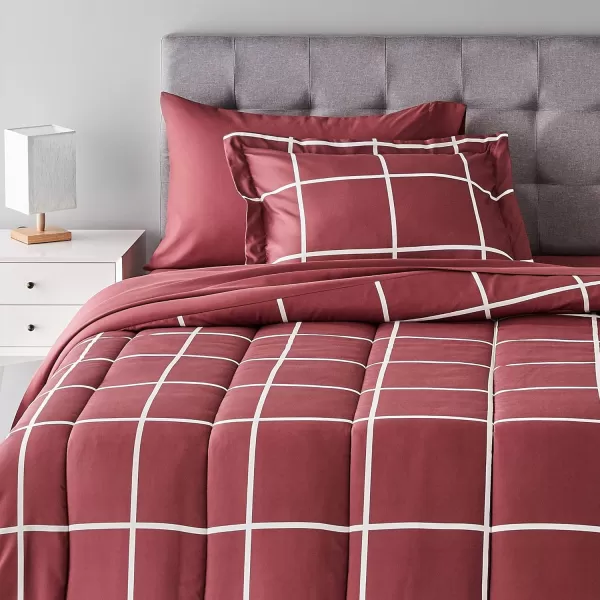 Amazon Basics Lightweight Microfiber BedinaBag Comforter 5Piece Bedding Set TwinTwin XL Navy with Simple PlaidBurgundy Simple Plaid TwinTwin XL