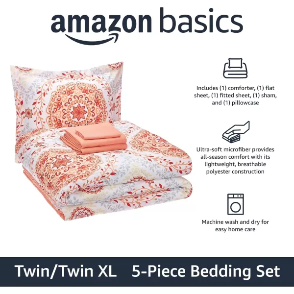 Amazon Basics Lightweight Microfiber BedinaBag Comforter 5Piece Bedding Set TwinTwin XL Navy with Simple PlaidCoral Medallion TwinTwin XL