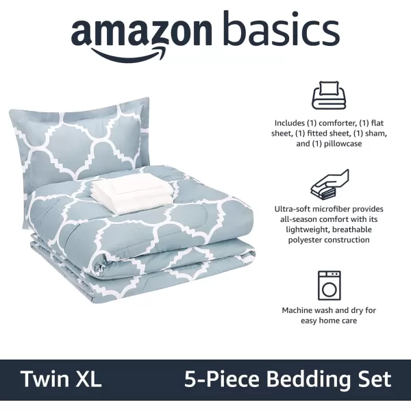 Amazon Basics Lightweight Microfiber BedinaBag Comforter 5Piece Bedding Set TwinTwin XL Navy with Simple PlaidDusty Blue Trellis Twin XL