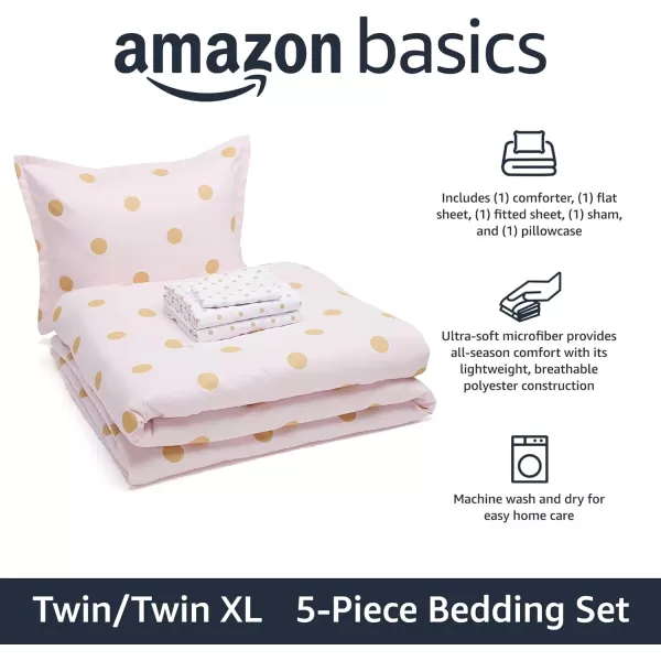 Amazon Basics Lightweight Microfiber BedinaBag Comforter 5Piece Bedding Set TwinTwin XL Navy with Simple PlaidGold Dots on Pink TwinTwin XL