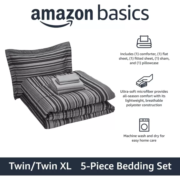Amazon Basics Lightweight Microfiber BedinaBag Comforter 5Piece Bedding Set TwinTwin XL Navy with Simple PlaidGray Calvin Stripe TwinTwin XL