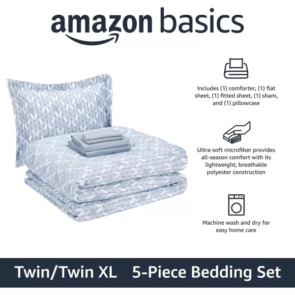 Amazon Basics Lightweight Microfiber BedinaBag Comforter 5Piece Bedding Set TwinTwin XL Navy with Simple PlaidGray Leaf TwinTwin XL